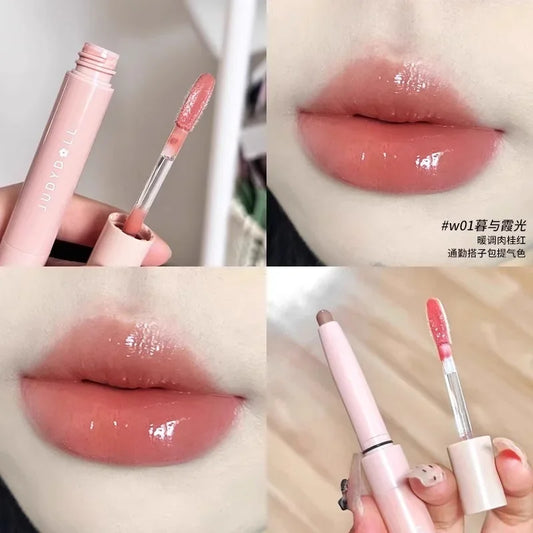 Judydoll Double Headed Water Lipstick Gloss Lip Glaze Lipliner and Lip Gloss All-in-One Moisturizing Lip Plump Makeup Cosmetics