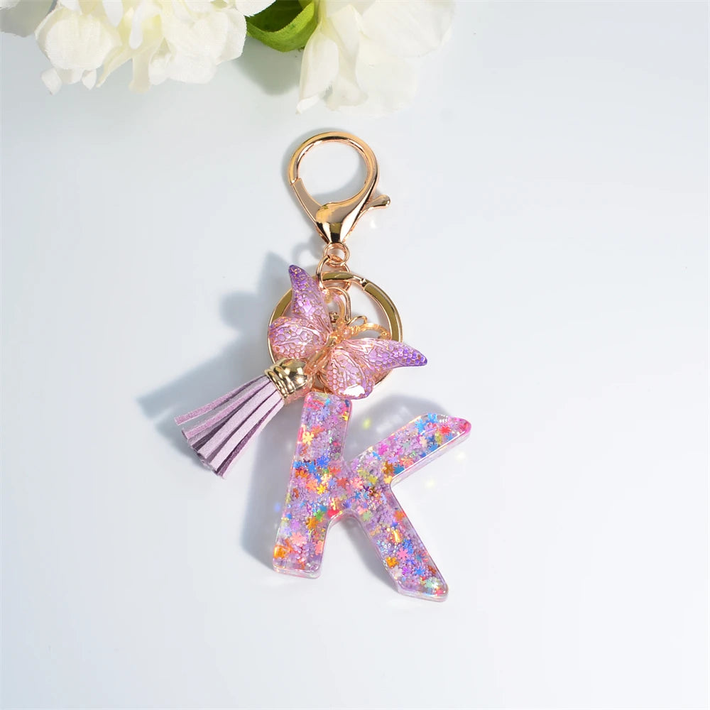 A-Z Dreamy Sequin Letters Keychain for Women Tassel Butterfly Pendant Initial Keyring Purse Suspension Bags Charms Car Key Chain