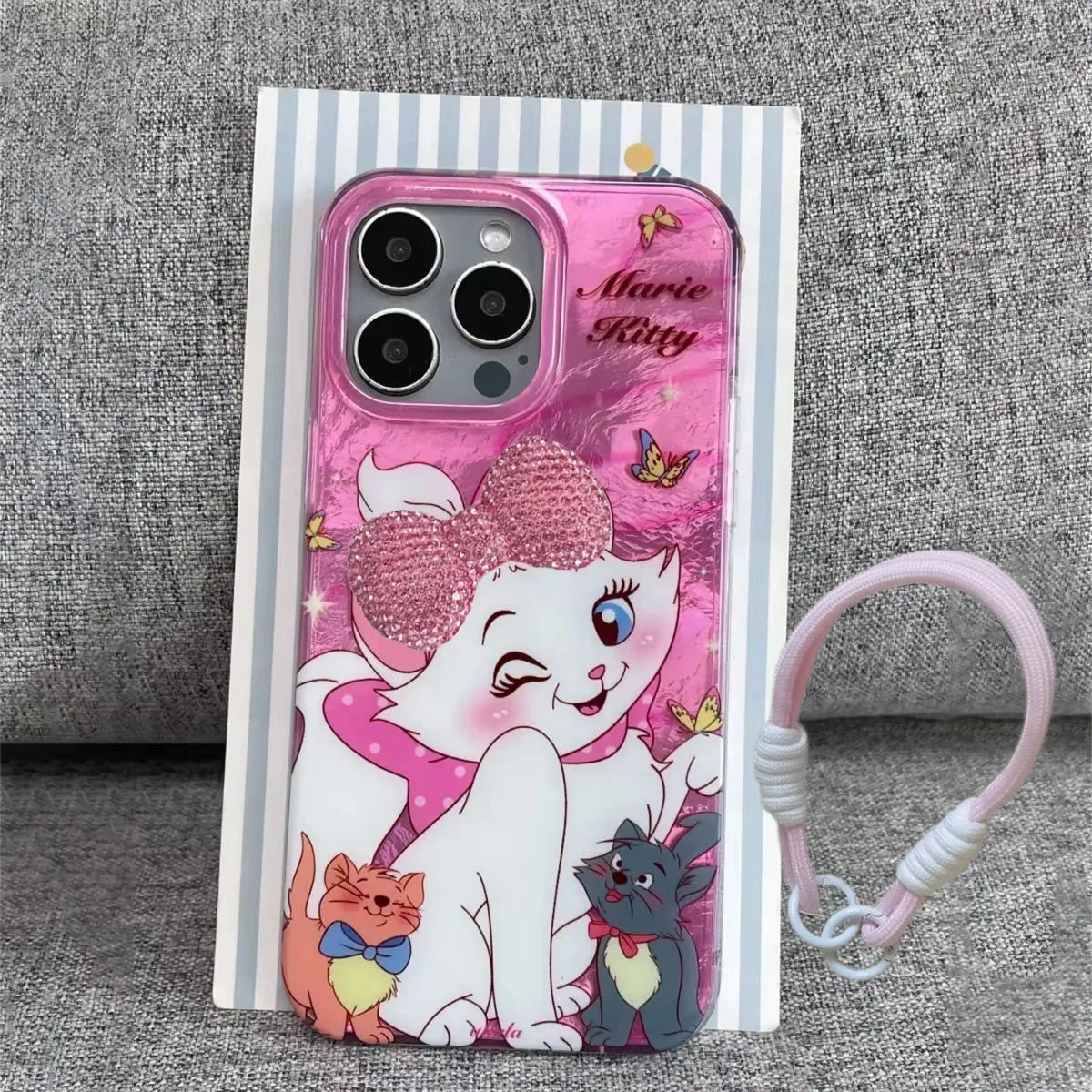 Wink Marie Cat Pink Diamond Bow Cute Phone Case For iPhone 16 15 14 12 13 11 Pro Max XR XS MAX 7 8 PLUS MINI Cartoon Y2K Cover