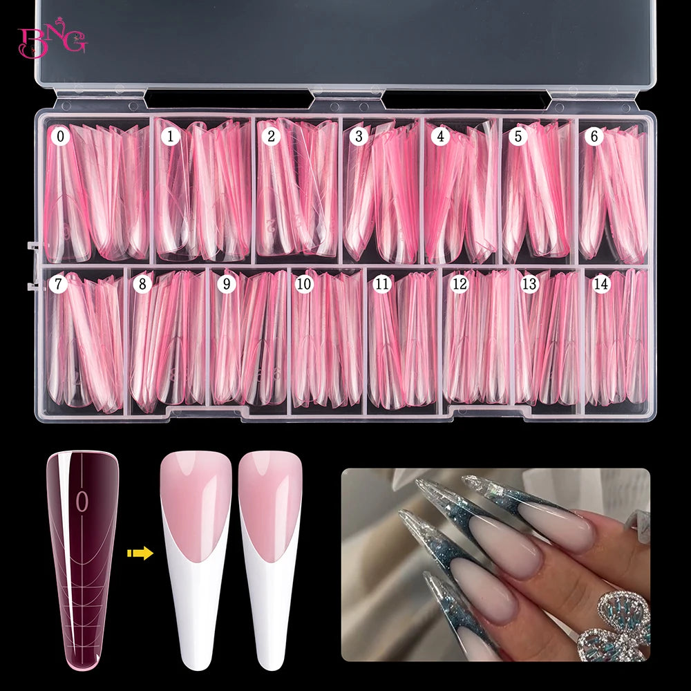 BNG New 150Pcs Extension Gel Dual Forms with Rim Inside Full Cover Gel Nail Mold Kit Almond Nail Form Tips for French Manicure