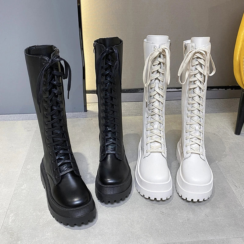 Chunky Platform Punk Boots Women Thick Bottom PU Leather Knee High Boots Woman Autumn Winter Fashion Motorcycle Botas Mujer 2024