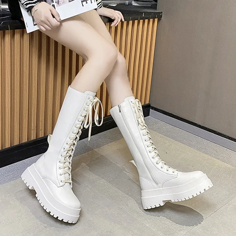 Chunky Platform Punk Boots Women Thick Bottom PU Leather Knee High Boots Woman Autumn Winter Fashion Motorcycle Botas Mujer 2024