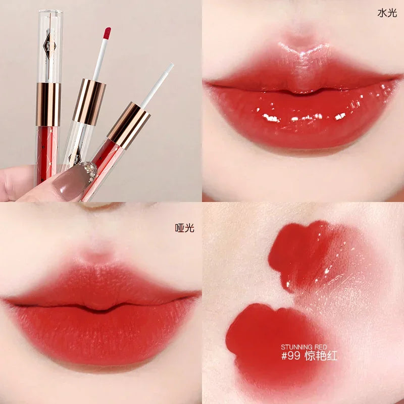 LECOVER Double-head Lip Gloss Essence Lipstick Non-stick Cup Long-lasting Lip Glaze Waterlight Mirror Lip Gloss Makeup Cosmetics