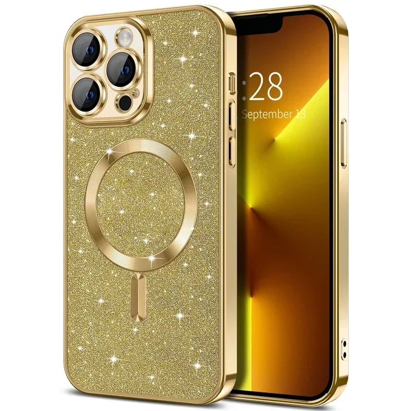 Electroplate Glitter Case For iPhone 16 15 14 13 12 11 Pro Max Plus For Magsafe Wireless Charge Bumper Cover With Lens Protector