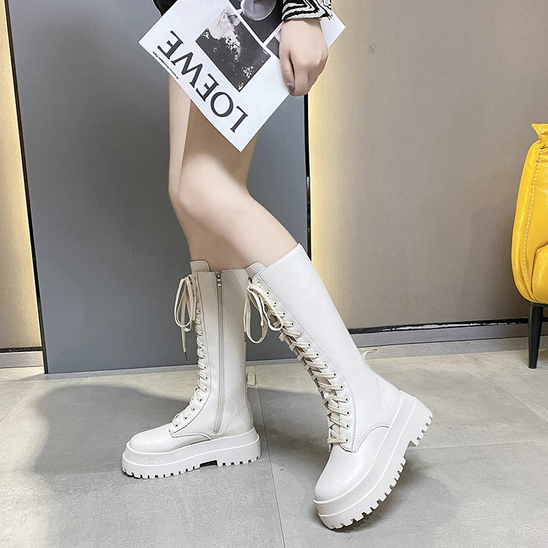 Chunky Platform Punk Boots Women Thick Bottom PU Leather Knee High Boots Woman Autumn Winter Fashion Motorcycle Botas Mujer 2024