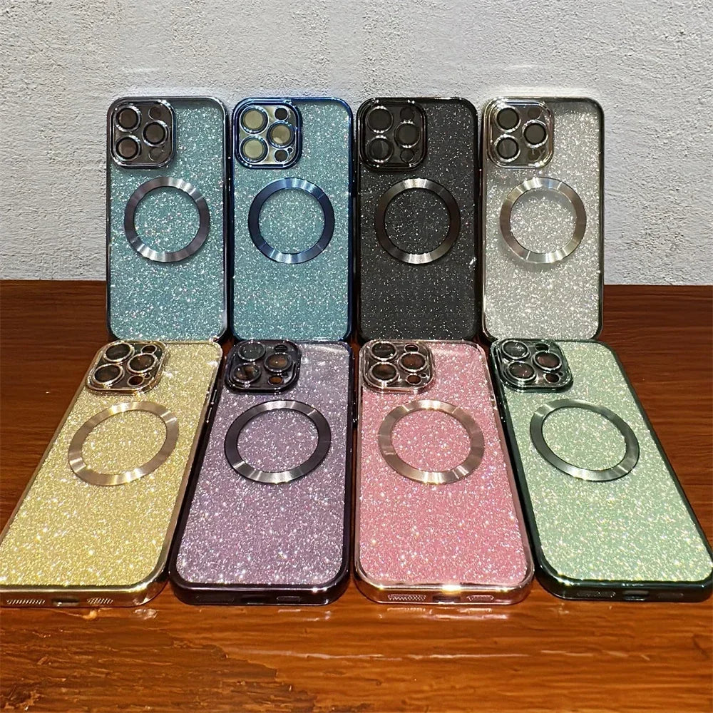 Electroplate Glitter Case For iPhone 16 15 14 13 12 11 Pro Max Plus For Magsafe Wireless Charge Bumper Cover With Lens Protector