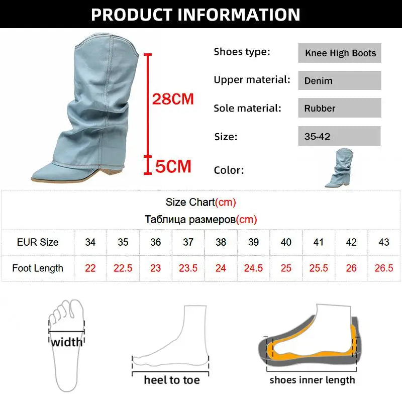 Pleated Block Heels Denim Boots for Women 2024 Autumn Pointed Toe Women High Knee Boots Plus Size Fashion Cowboy Woman Boots