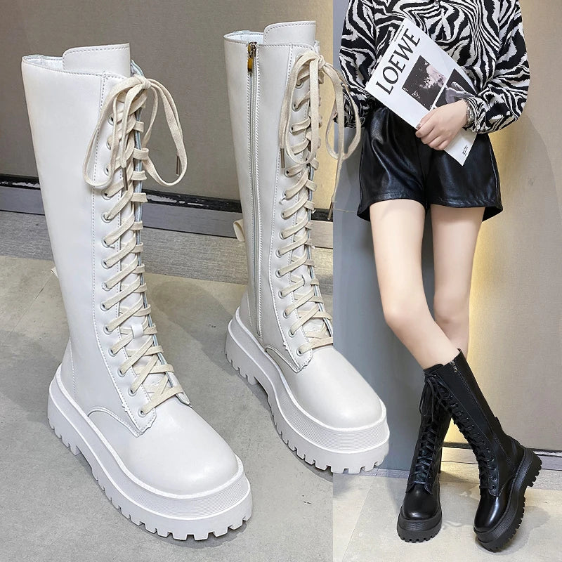 Chunky Platform Punk Boots Women Thick Bottom PU Leather Knee High Boots Woman Autumn Winter Fashion Motorcycle Botas Mujer 2024