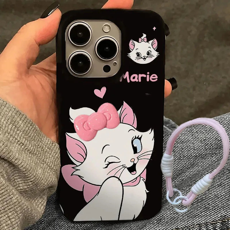 Blink Cute Disney Marie Cat Bow Strap Phone Case For iPhone 16 15 14 12 13 11 Pro Max XR XS MAX 7 8 PLUS MINI Y2K Cool Cover