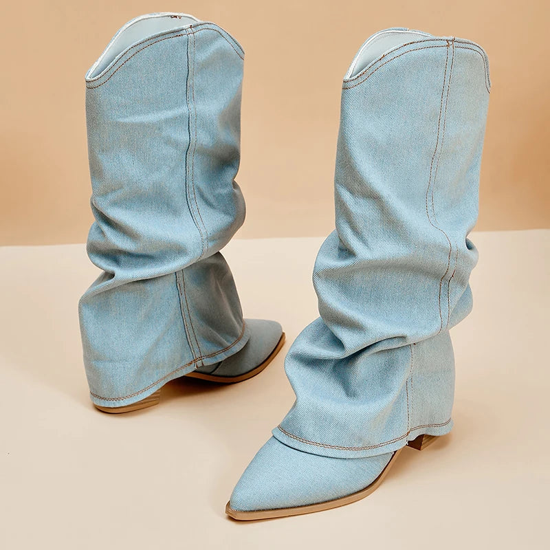 Pleated Block Heels Denim Boots for Women 2024 Autumn Pointed Toe Women High Knee Boots Plus Size Fashion Cowboy Woman Boots