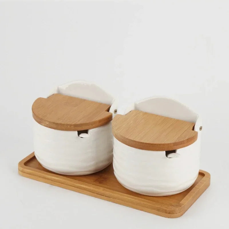 White Ceramic Seasoning Jar Japanese Style Bamboo Lid Spice Jar with Spoon Household Container Sugar Salt Spices Storage Box