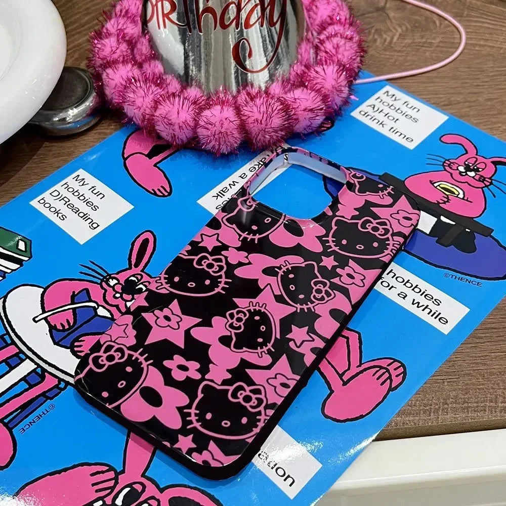 Full Screen Black Hello Kitty Star Phone Case For IPhone 16 15 14 12 13 11 Pro Max XR XS MAX 7 8 PLUS Y2K Pink Girl Kawaii Cover