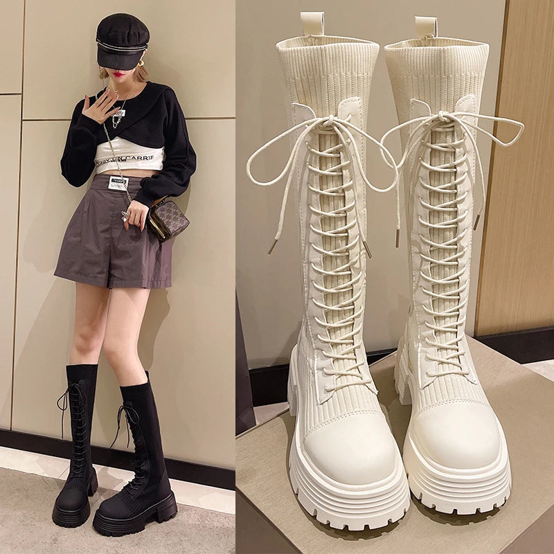 Rimocy 2024 Autumn Winter New Chunky Platform Long Boots Women Thick-soled Stretch Knitted Knee High Boots Woman Botas De Mujer