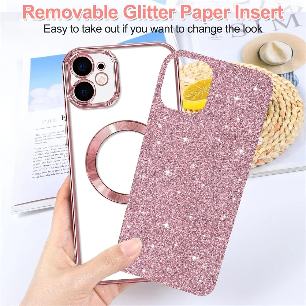 Electroplate Glitter Case For iPhone 16 15 14 13 12 11 Pro Max Plus For Magsafe Wireless Charge Bumper Cover With Lens Protector