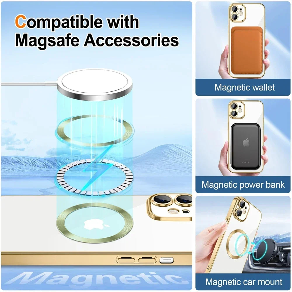 Electroplate Glitter Case For iPhone 16 15 14 13 12 11 Pro Max Plus For Magsafe Wireless Charge Bumper Cover With Lens Protector