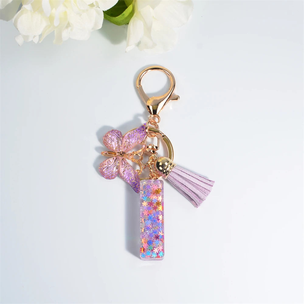 A-Z Dreamy Sequin Letters Keychain for Women Tassel Butterfly Pendant Initial Keyring Purse Suspension Bags Charms Car Key Chain