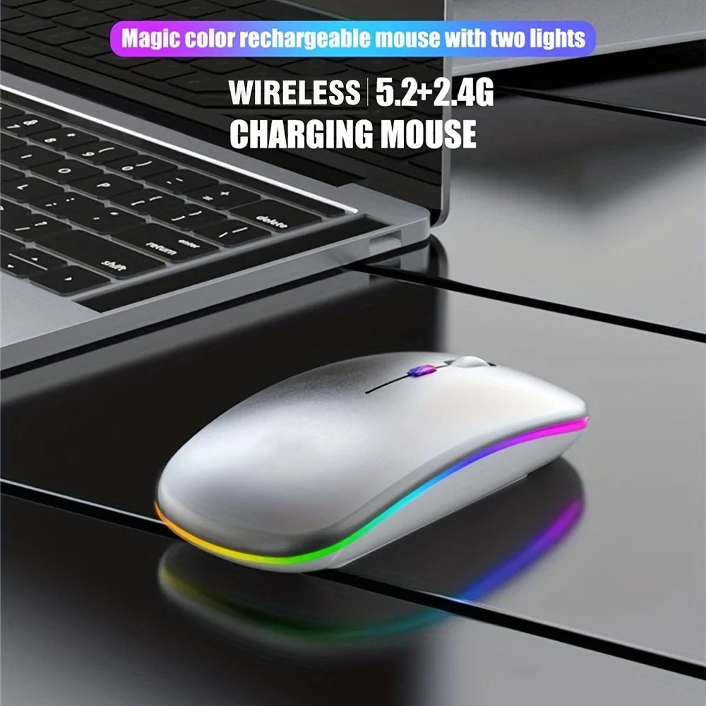 Wireless Mouse Bluetooth and 2.4GHz Dual Modes Rechargeable RGB Ergonomic Silent Click for PC iPad Laptop Cell Phone TV