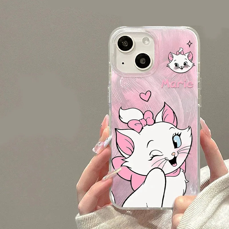 Wink Mary Cat Bow Feather Yarn Cartoon Phone Case For iPhone 16 15 14 12 13 11 ProMax XR XSMAX 7 8 PLUS MINI Y2K Cute Girl Cover