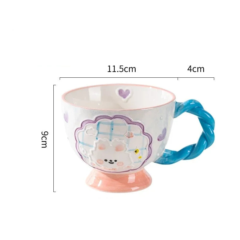 Cute Ceramic Mug Hand-painted Embossed Breakfast Cup 450ML Home Oatmeal Cups Breakfast Mugs Creative Milk Cups Coffee Cups