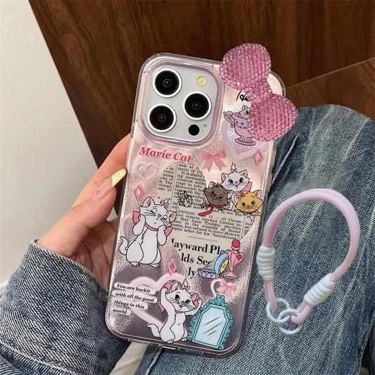 Disney Marie Cat Pink Diamond Bow Strap Cute Phone Case For iPhone 16 15 14 12 13 11 Pro Max XR XS MAX 7 8 PLUS MINI Y2K Cover