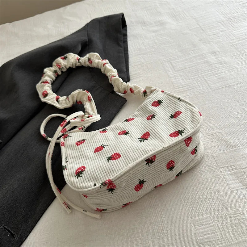 Women Small Underarm Bag Corduroy Handbag Cute Strawberry Print Little Tote Half Moon Design Eco Cloth Purse Mini Shoulder Bags