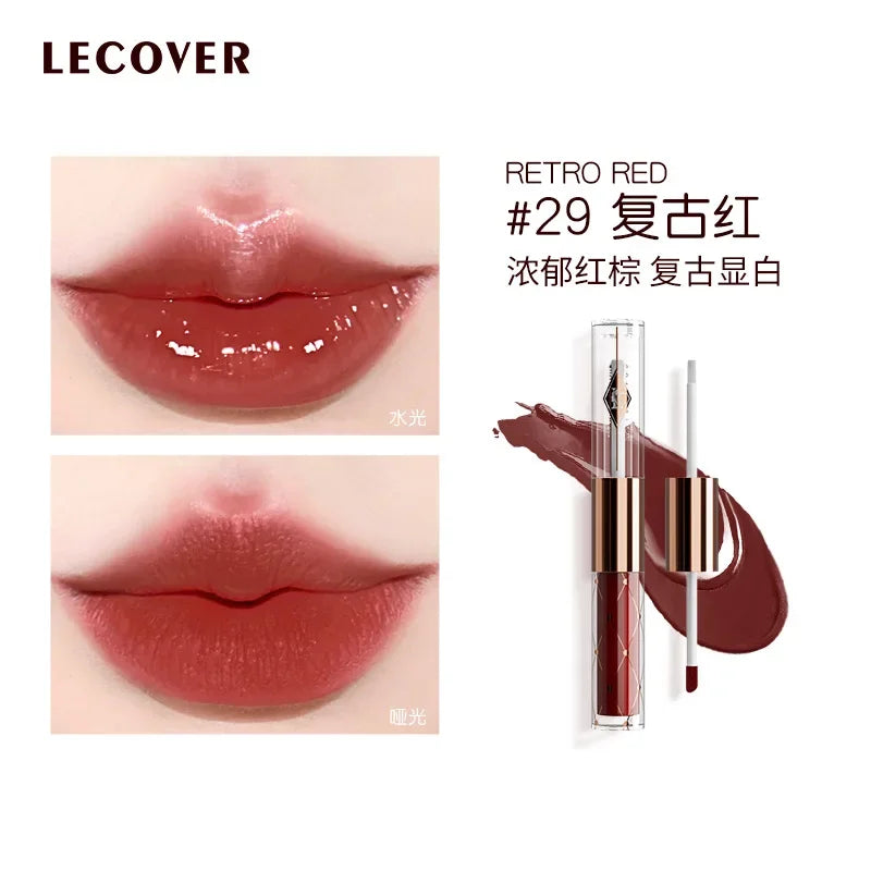 LECOVER Double-head Lip Gloss Essence Lipstick Non-stick Cup Long-lasting Lip Glaze Waterlight Mirror Lip Gloss Makeup Cosmetics