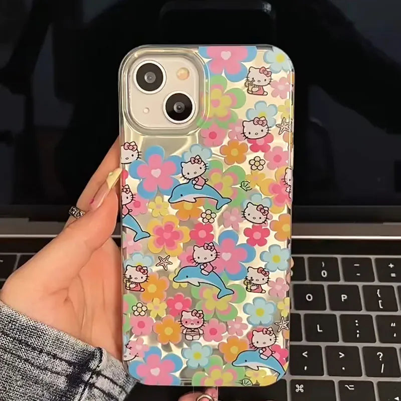 Full Screen Flower Hello Kitty Bow Mirror Strap Phone Case For iPhone 16 15 14 12 13 11 Pro Max XR XS MAX 7 8PLUS MINI Y2K Cover