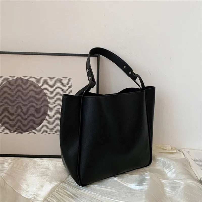 Simple Women Bucket Shoulder Bags New Solid Color Handbags Retro Large Capacity Tote Bags Large Capacity Pu Leather Bags 2024