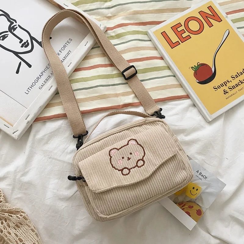 Women Fashion Corduroy Cartoon Bear Print Shoulder Bag Student Girls Tote Messenger Bag Satchel Travel Handbags Canvas Small Bag