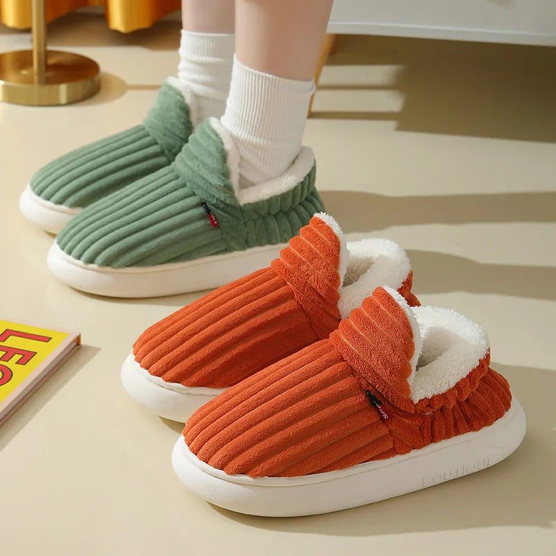 2024 Fashion Couple Winter Warm Plush Slippers Thick Sole Non Slip Casual Cotton Shoes Woman Corduroy Soft Indoor Home Slippers