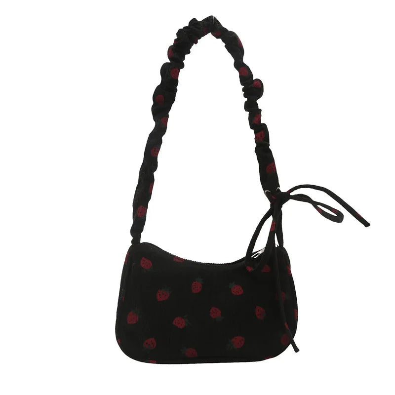 Women Small Underarm Bag Corduroy Handbag Cute Strawberry Print Little Tote Half Moon Design Eco Cloth Purse Mini Shoulder Bags