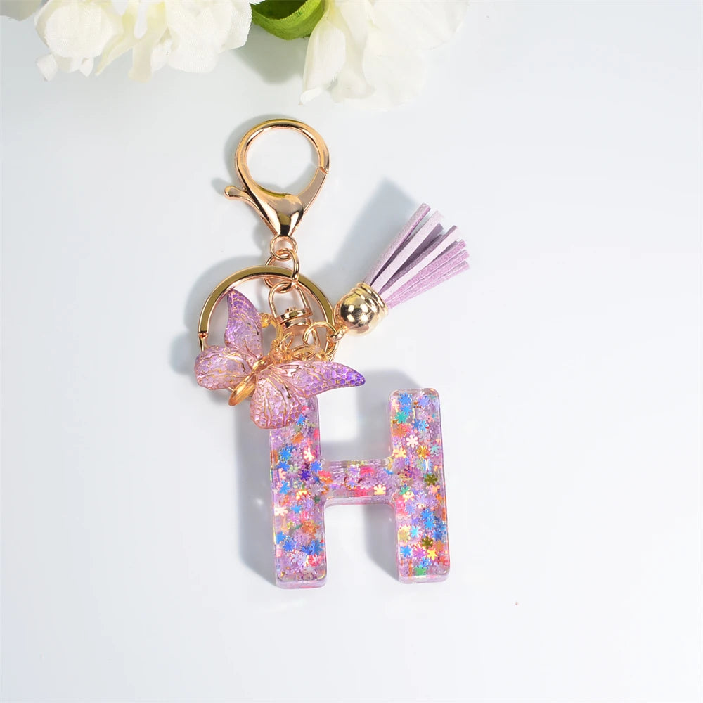 A-Z Dreamy Sequin Letters Keychain for Women Tassel Butterfly Pendant Initial Keyring Purse Suspension Bags Charms Car Key Chain