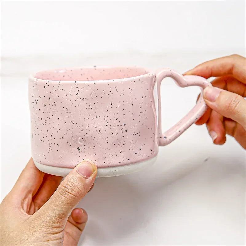 Korean ins Ceramics Cup Breakfast milk oatmeal cup Pink Love shape handle Coffee Mug Water cup For Office Valentine's Day gifts