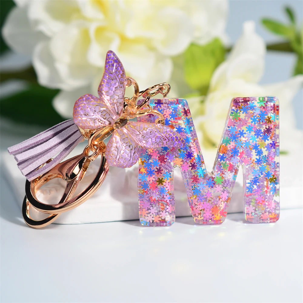 A-Z Dreamy Sequin Letters Keychain for Women Tassel Butterfly Pendant Initial Keyring Purse Suspension Bags Charms Car Key Chain