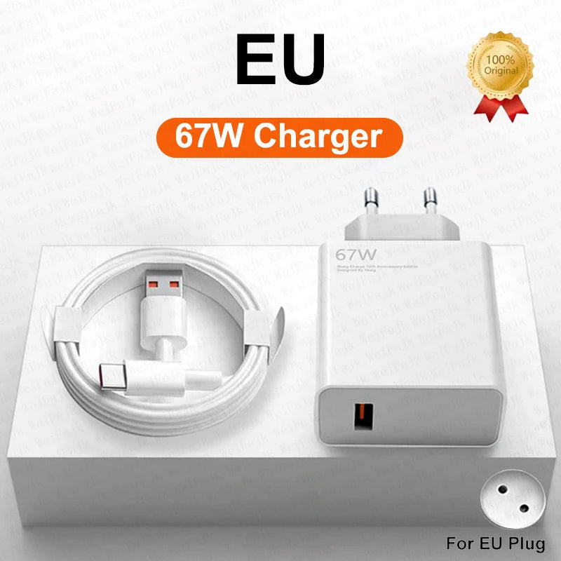 67W GaN Original Fast Charger For Xiaomi 14 13 12 11 10 Ultra Redmi Note 12T 13 Pro Turbo Quick Charge Type C USB Charging Cable