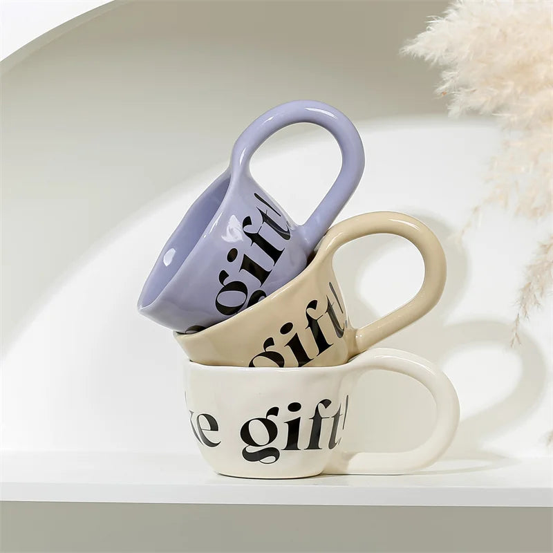 350ml English alphabet Large Handle Ceramic Mug Hand Pinched Irregular Coffee Cups Milk Oatmeal Cup Home Office Water Cups