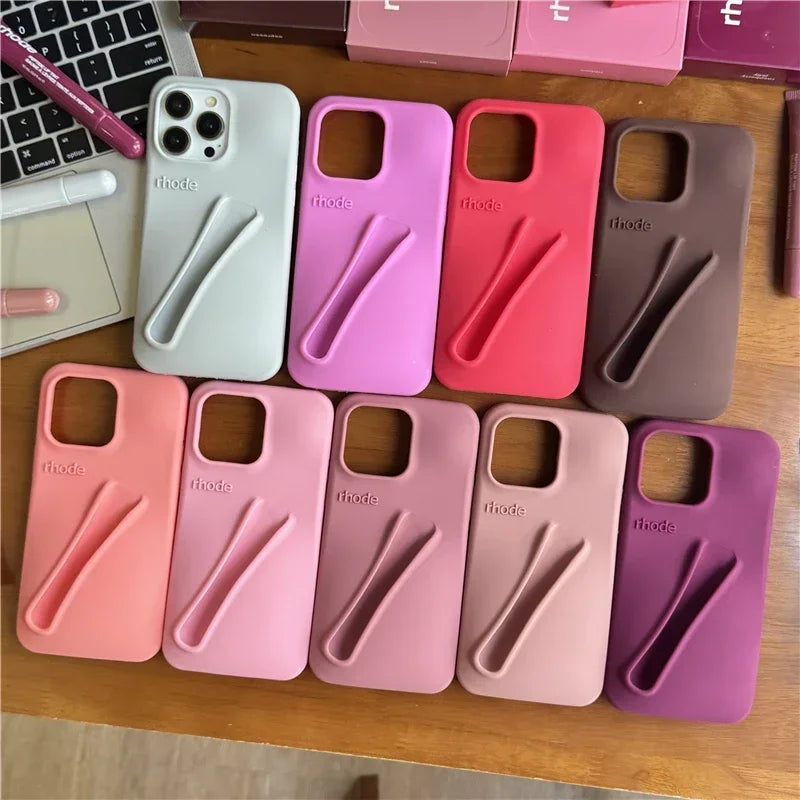 For iPhone 16 12 13 14 15 11 Pro Max Plus Fashion Rhode Phone Case Gray Toast Espresso Ribbon Lip Gloss Holder Silicone Cover