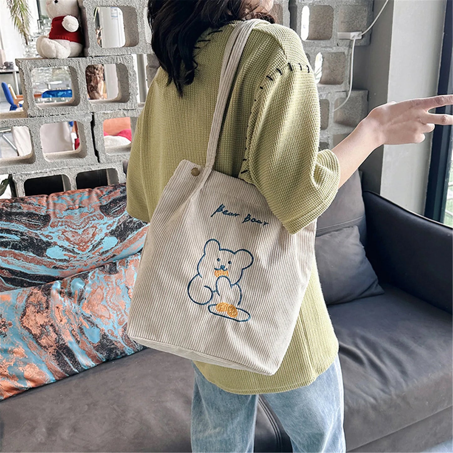 Cartoon Embroidered Bear Shoulder Bag Foldable Corduroy Handbag For Women Large Capacity Tote Bags Eco Friendly Shopping Bag