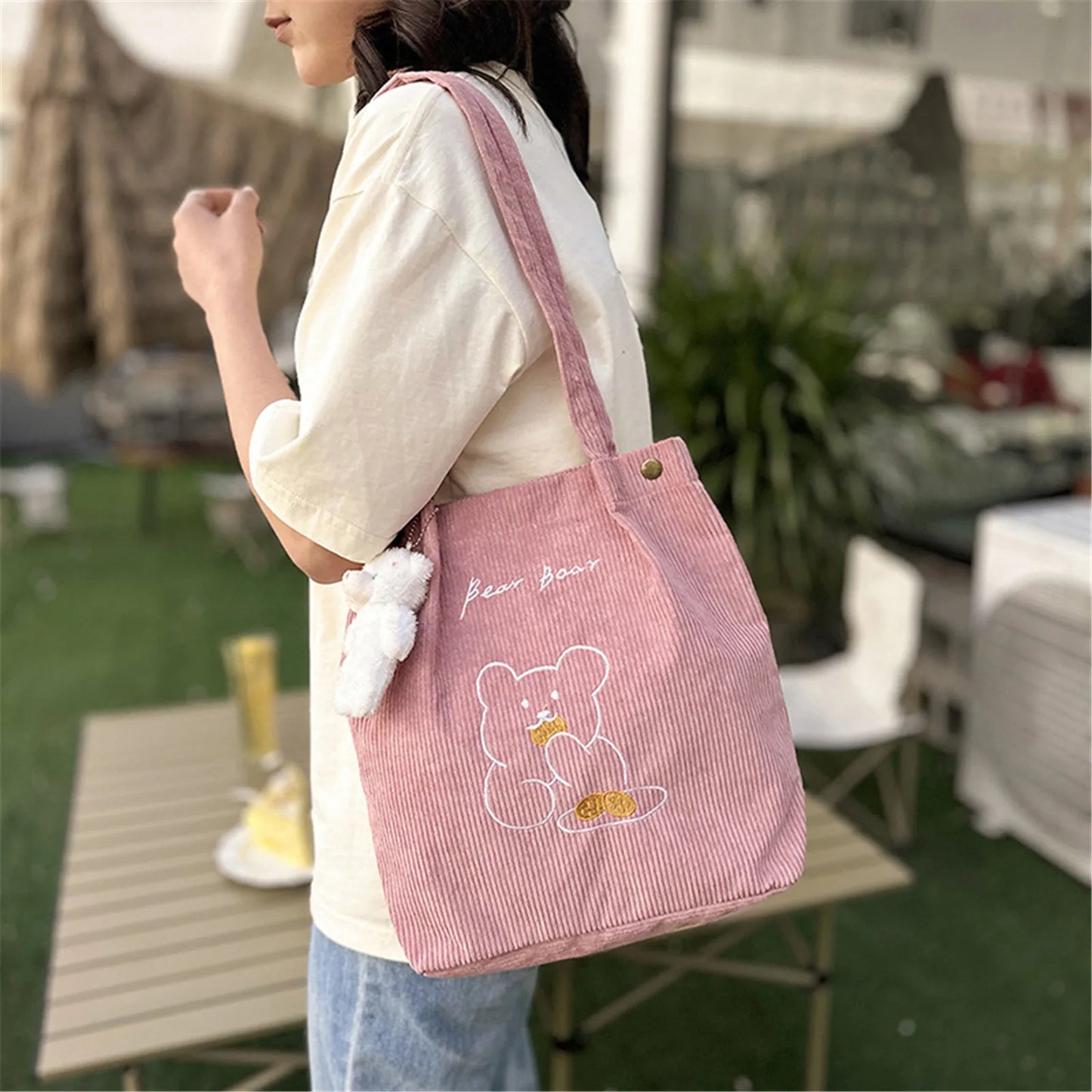 Cartoon Embroidered Bear Shoulder Bag Foldable Corduroy Handbag For Women Large Capacity Tote Bags Eco Friendly Shopping Bag