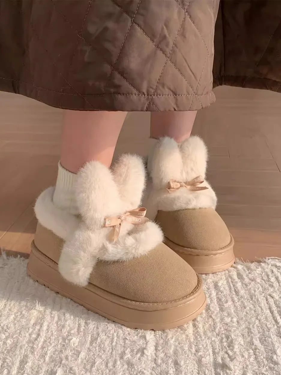 Women Snow Boots Fur Integrated Thick Soled Snow Boots For Women In Winter, Warm And Versatile Indoor Outdoor Boots Cute Rabbit