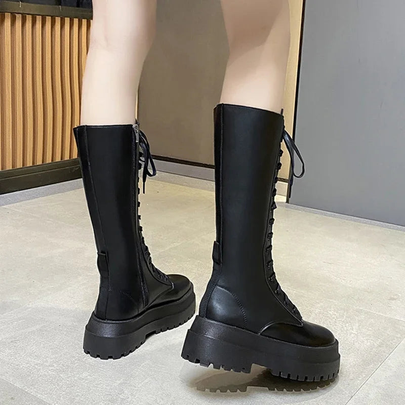 Chunky Platform Punk Boots Women Thick Bottom PU Leather Knee High Boots Woman Autumn Winter Fashion Motorcycle Botas Mujer 2024