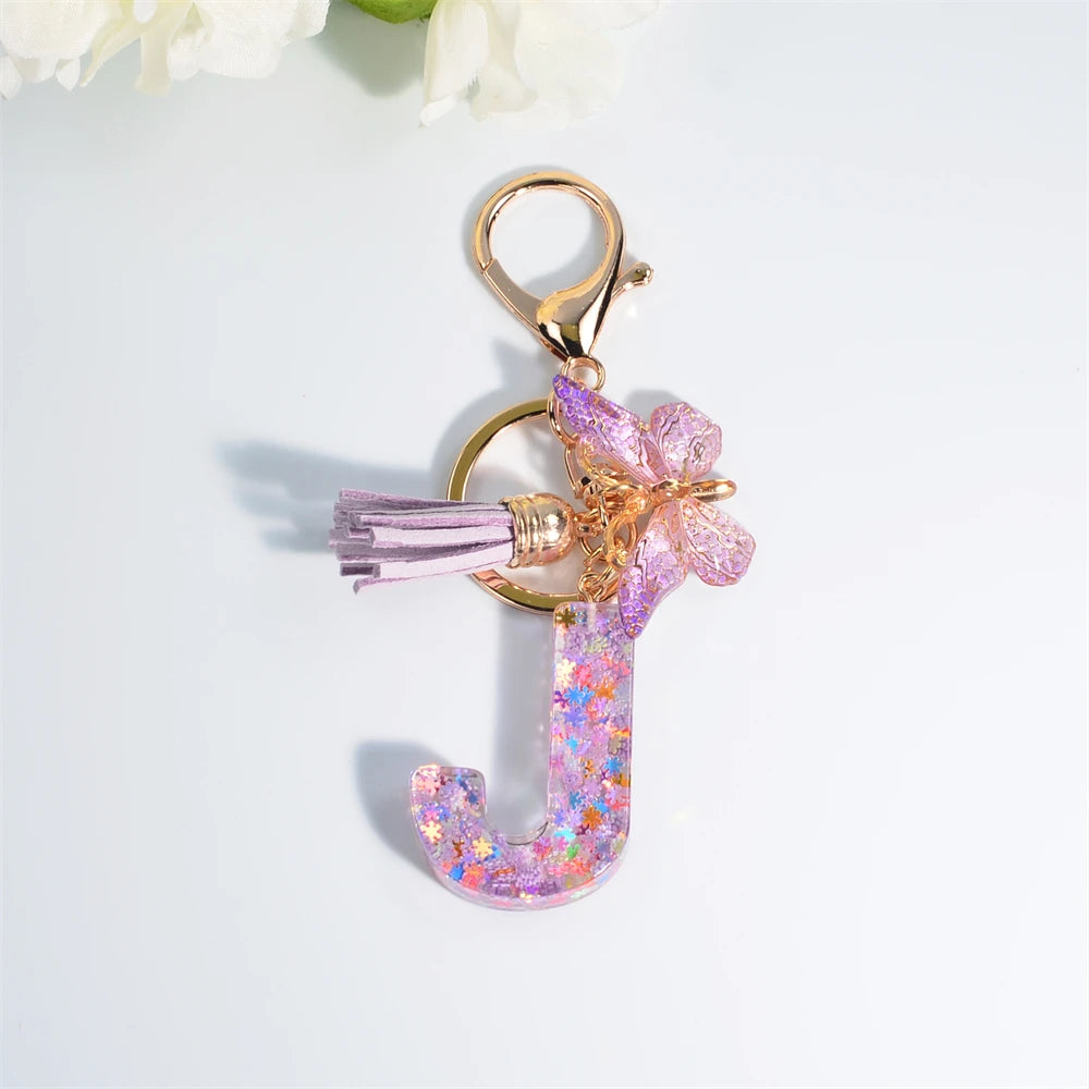 A-Z Dreamy Sequin Letters Keychain for Women Tassel Butterfly Pendant Initial Keyring Purse Suspension Bags Charms Car Key Chain