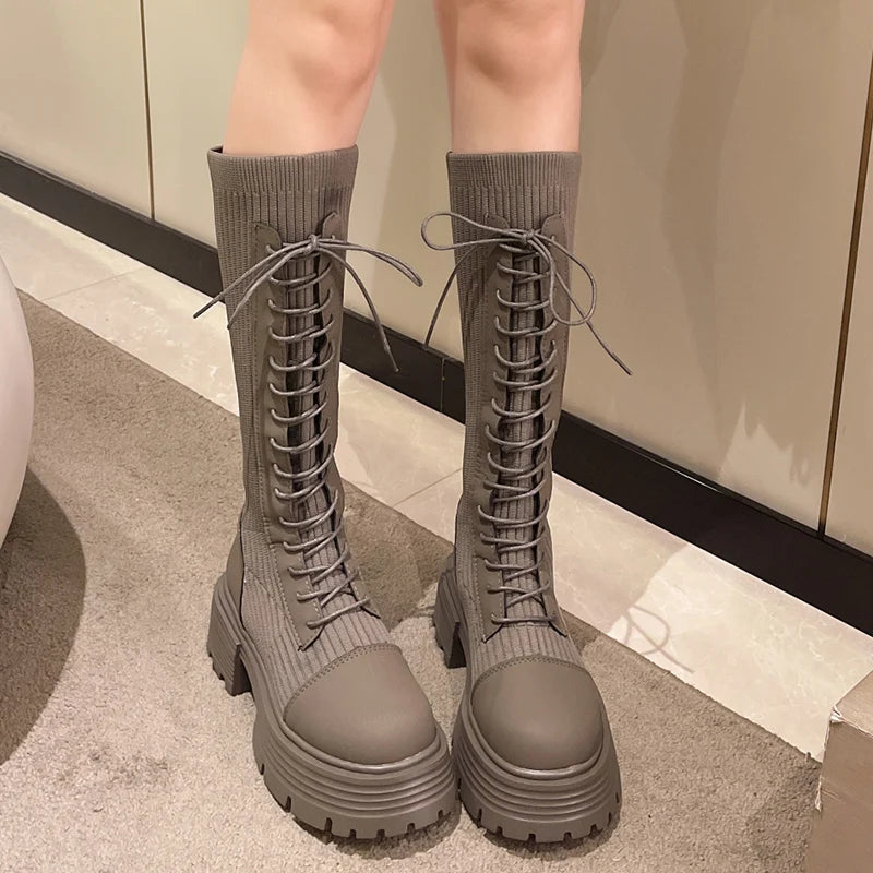 Rimocy 2024 Autumn Winter New Chunky Platform Long Boots Women Thick-soled Stretch Knitted Knee High Boots Woman Botas De Mujer