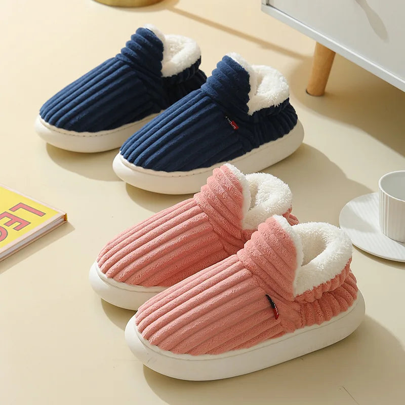 2024 Fashion Couple Winter Warm Plush Slippers Thick Sole Non Slip Casual Cotton Shoes Woman Corduroy Soft Indoor Home Slippers