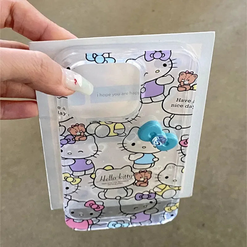 Sanrio Hello Kitty Stand Blue Bow Phone Case For iPhone 15 14 12 13 11 Pro Max XR XS MAX 7 8 PLUS MINI Y2K Cartoon Girl Cover