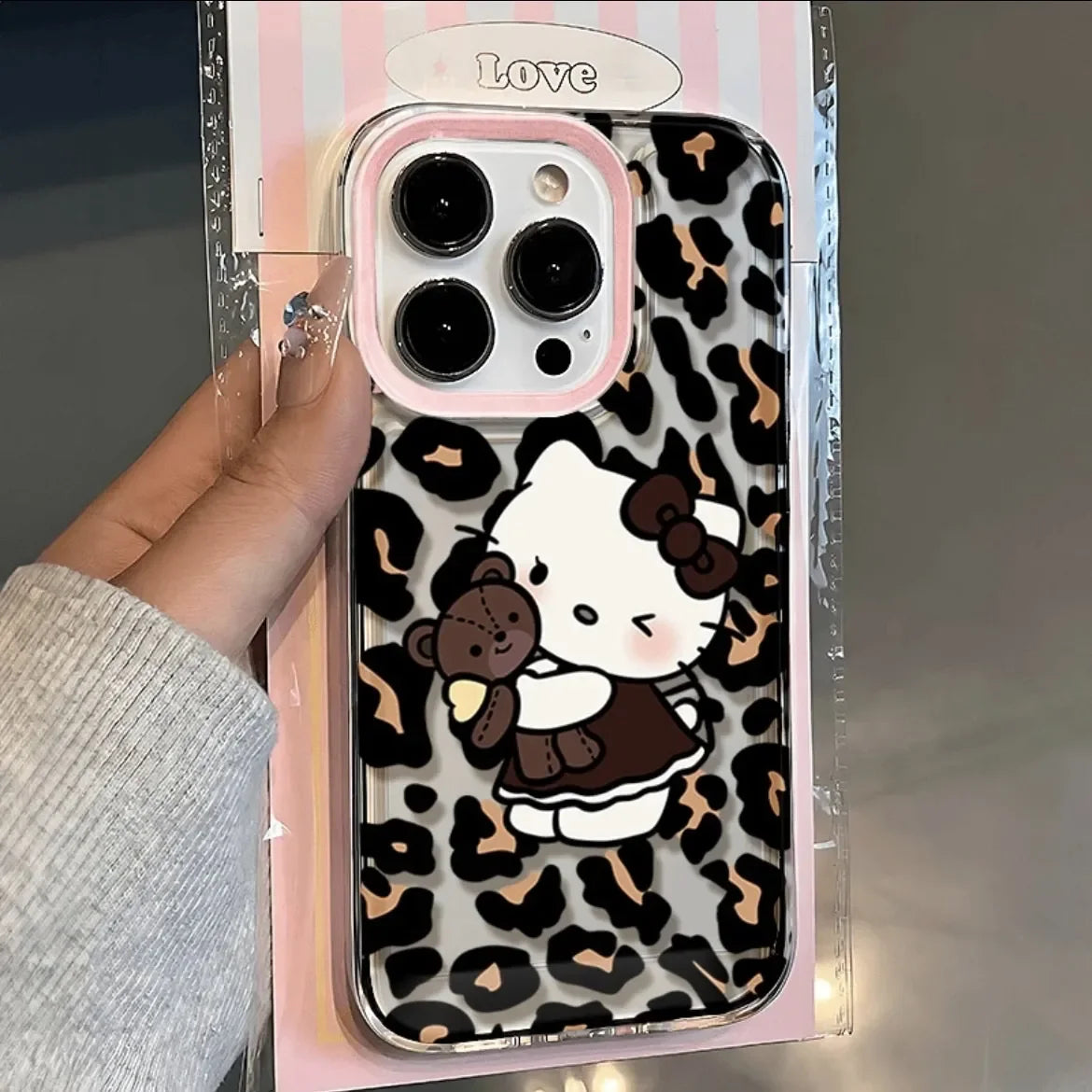 Sanrio Hello Kitty Leopard Print Bow Phone Case For IPhone 16 15 14 12 13 11 ProMax XR XS MAX 7 8PLUS Y2K Pink Girl Kawaii Cover