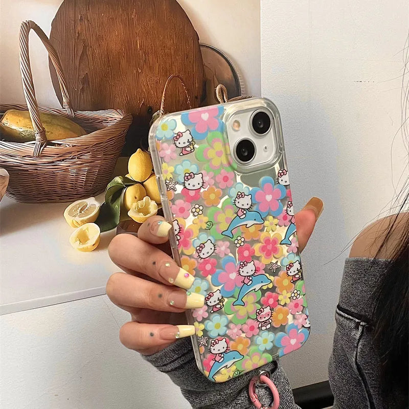 Full Screen Flower Hello Kitty Bow Mirror Strap Phone Case For iPhone 16 15 14 12 13 11 Pro Max XR XS MAX 7 8PLUS MINI Y2K Cover