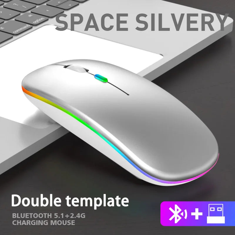 Wireless Mouse Bluetooth and 2.4GHz Dual Modes Rechargeable RGB Ergonomic Silent Click for PC iPad Laptop Cell Phone TV