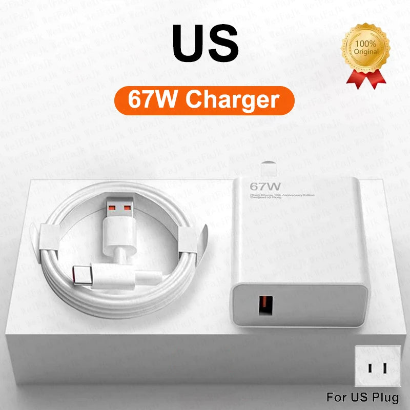 67W GaN Original Fast Charger For Xiaomi 14 13 12 11 10 Ultra Redmi Note 12T 13 Pro Turbo Quick Charge Type C USB Charging Cable