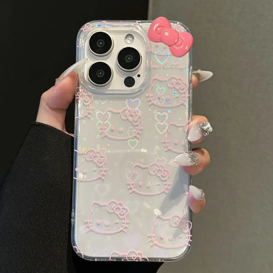 Sanrio Hello Kitty Full Screen Pink Laser Bow Phone Case For iPhone 16 15 14 12 13 11 Pro Max XR XS MAX 7 8 PLUS MINI Y2K Cover